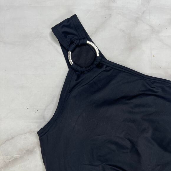 Michael Kors One Shoulder Swimsuit Size 8 Black Logo Ring Shirred *Damaged* New - Picture 4 of 7